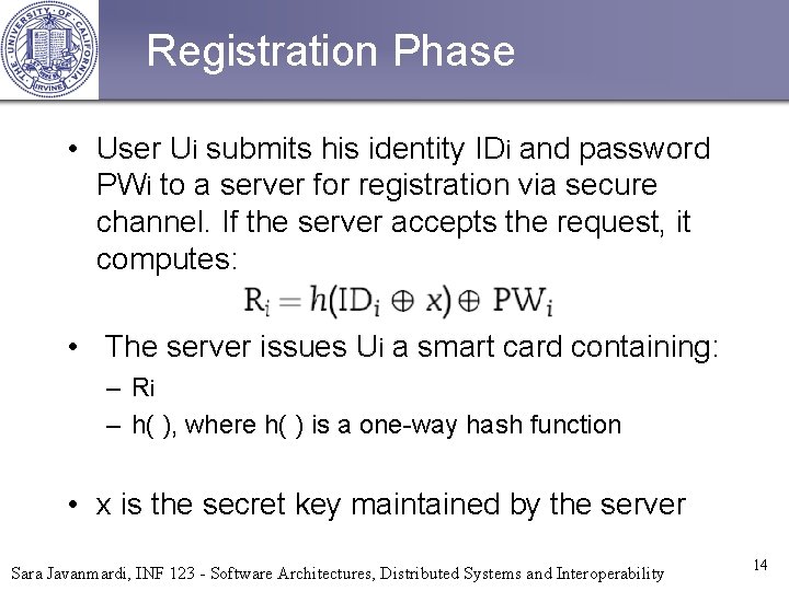 Registration Phase • User Ui submits his identity IDi and password PWi to a
