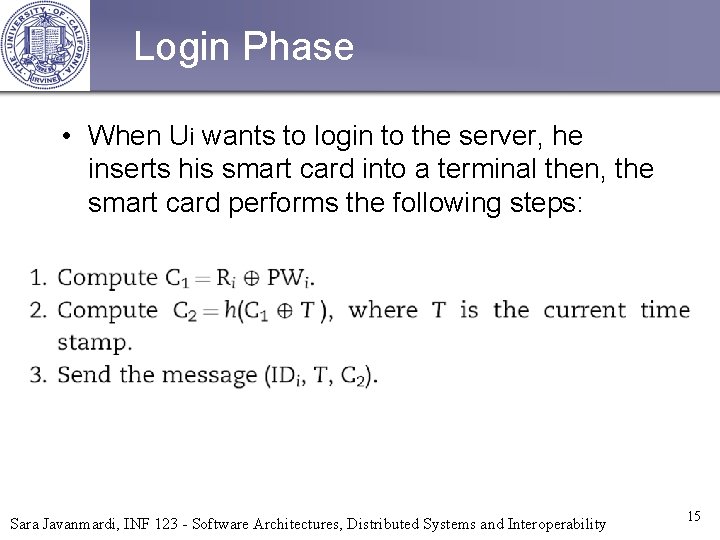 Login Phase • When Ui wants to login to the server, he inserts his