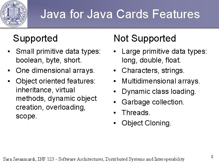 Java for Java Cards Features Supported • Small primitive data types: boolean, byte, short.