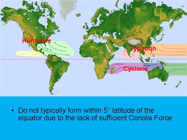 Hurricane Typhoon Cyclone • Do not typically form within 5° latitude of the equator