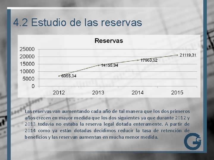 4. 2 Estudio de las reservas Las reservas van aumentando cada año de tal