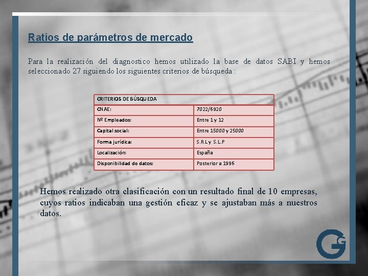 Ratios de parámetros de mercado Para la realización del diagnostico hemos utilizado la base