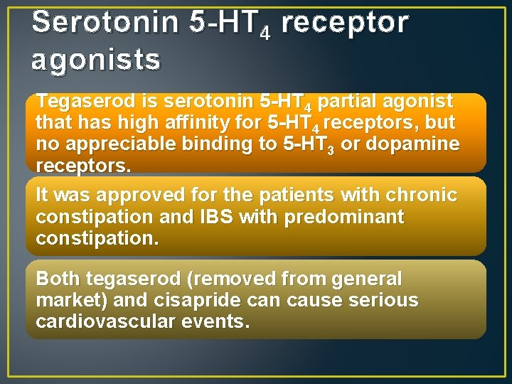 Serotonin 5 -HT 4 receptor agonists Tegaserod is serotonin 5 -HT 4 partial agonist