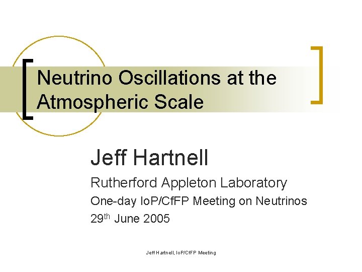 Neutrino Oscillations at the Atmospheric Scale Jeff Hartnell Rutherford Appleton Laboratory One-day Io. P/Cf.