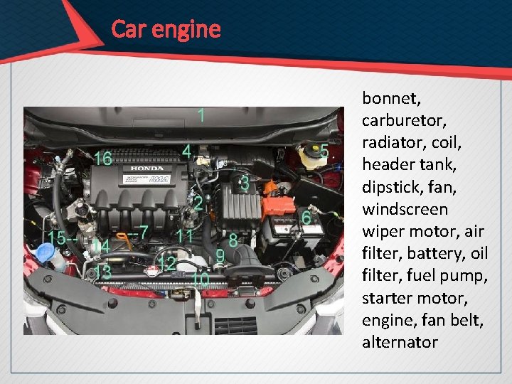 Car engine bonnet, carburetor, radiator, coil, header tank, dipstick, fan, windscreen wiper motor, air