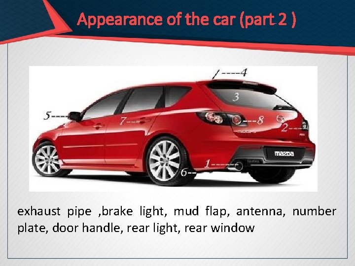 Appearance of the car (part 2 ) exhaust pipe , brake light, mud flap,