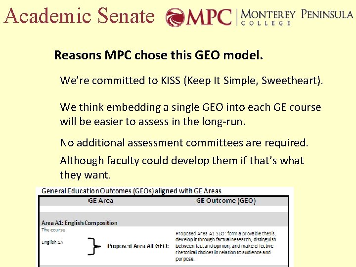 Academic Senate Reasons MPC chose this GEO model. We’re committed to KISS (Keep It