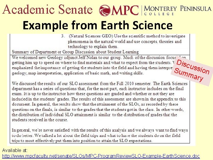 Academic Senate Example from Earth Science Disc u Sum ssion mar y Available at: