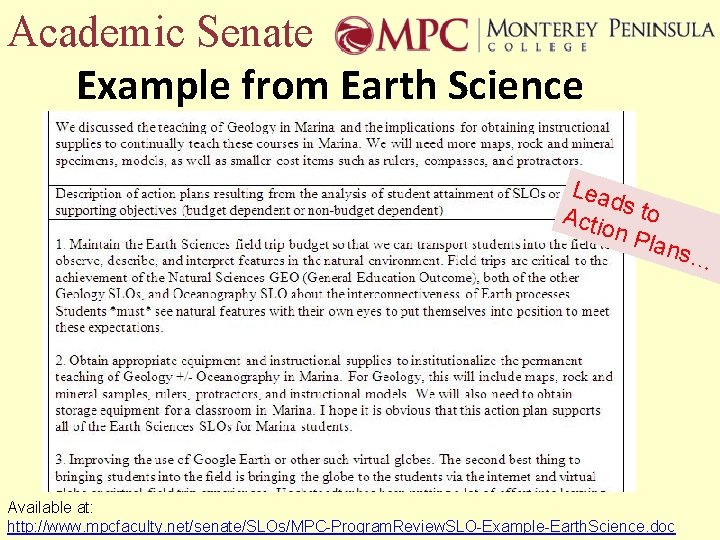 Academic Senate Example from Earth Science Lea d Acti s to on P lans