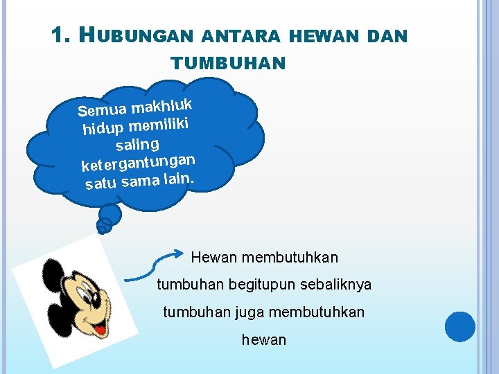 1. HUBUNGAN ANTARA HEWAN DAN TUMBUHAN Semua makhluk hidup memiliki saling ketergantungan satu sama