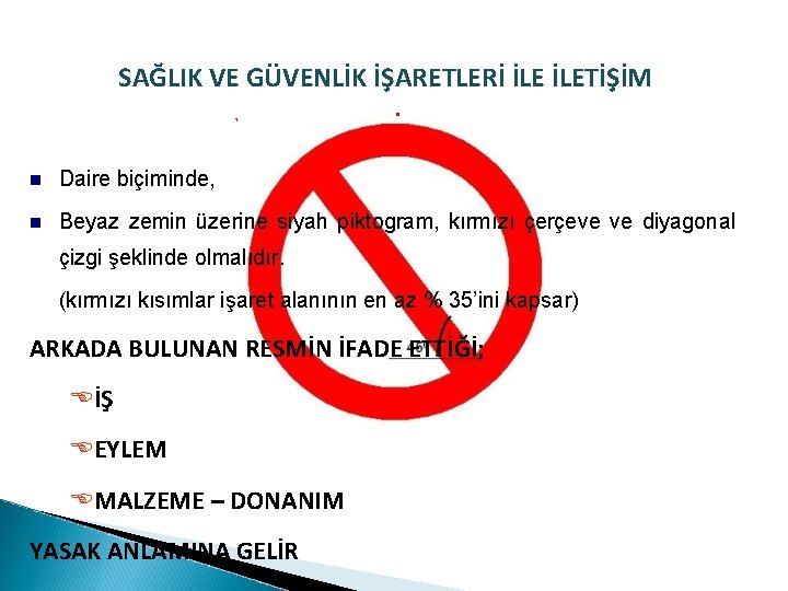 SAĞLIK VE GÜVENLİK İŞARETLERİ İLETİŞİM YASAKLAYICI İŞARETLER n Daire biçiminde, n Beyaz zemin üzerine