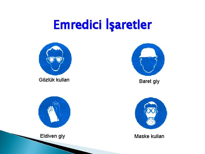 Emredici İşaretler Gözlük kullan Eldiven giy Baret giy Maske kullan 