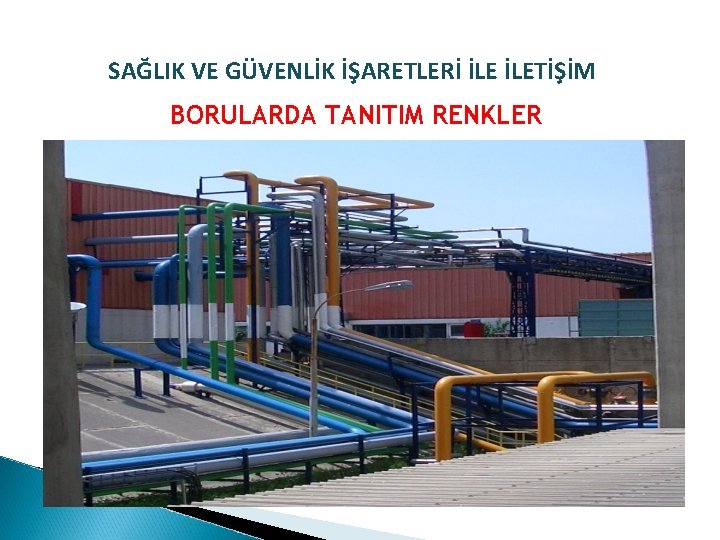 SAĞLIK VE GÜVENLİK İŞARETLERİ İLETİŞİM BORULARDA TANITIM RENKLER 