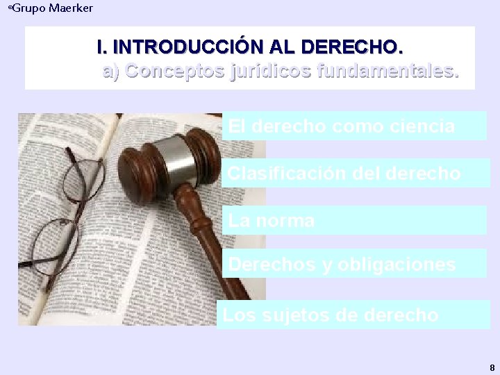 Grupo Maerker ® I. INTRODUCCIÓN AL DERECHO. a) Conceptos jurídicos fundamentales. El derecho como