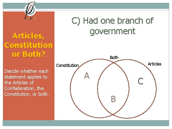 Articles, Constitution or Both? C) Had one branch of government Both Articles Constitution Decide