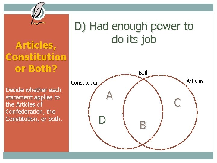 Articles, Constitution or Both? D) Had enough power to do its job Both Articles