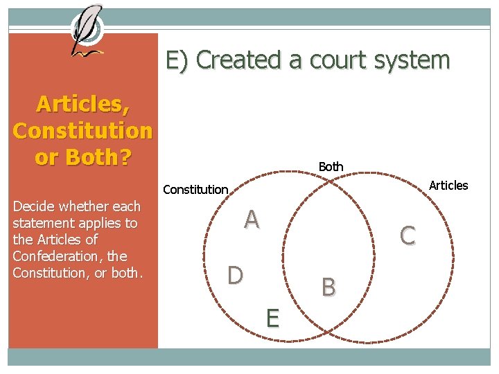 E) Created a court system Articles, Constitution or Both? Both Articles Constitution Decide whether