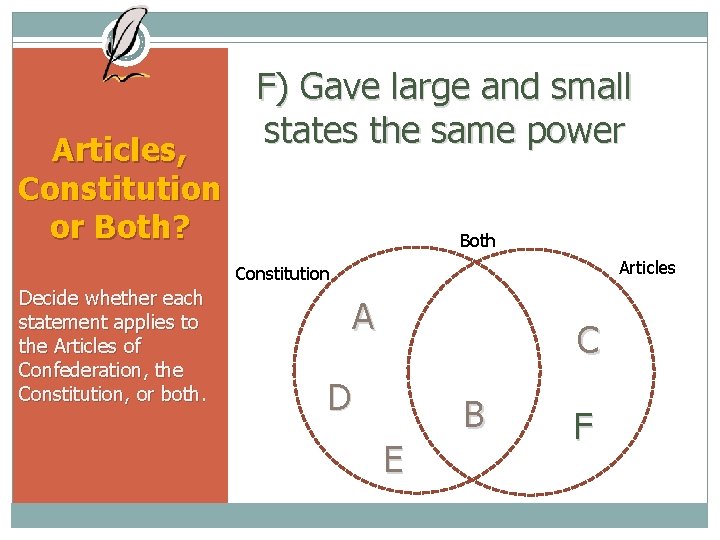 Articles, Constitution or Both? F) Gave large and small states the same power Both