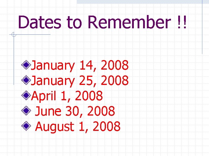 Dates to Remember !! January 14, 2008 January 25, 2008 April 1, 2008 June