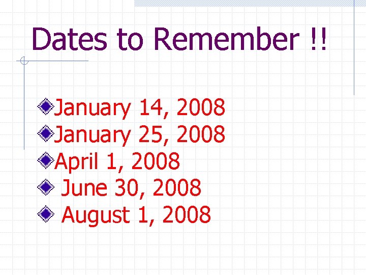 Dates to Remember !! January 14, 2008 January 25, 2008 April 1, 2008 June