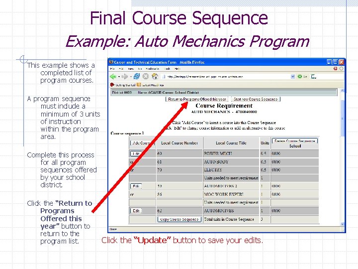 Final Course Sequence Example: Auto Mechanics Program This example shows a completed list of