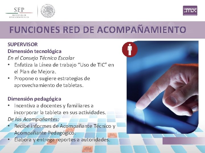 FUNCIONES RED DE ACOMPAÑAMIENTO SUPERVISOR Dimensión tecnológica En el Consejo Técnico Escolar • Enfatiza