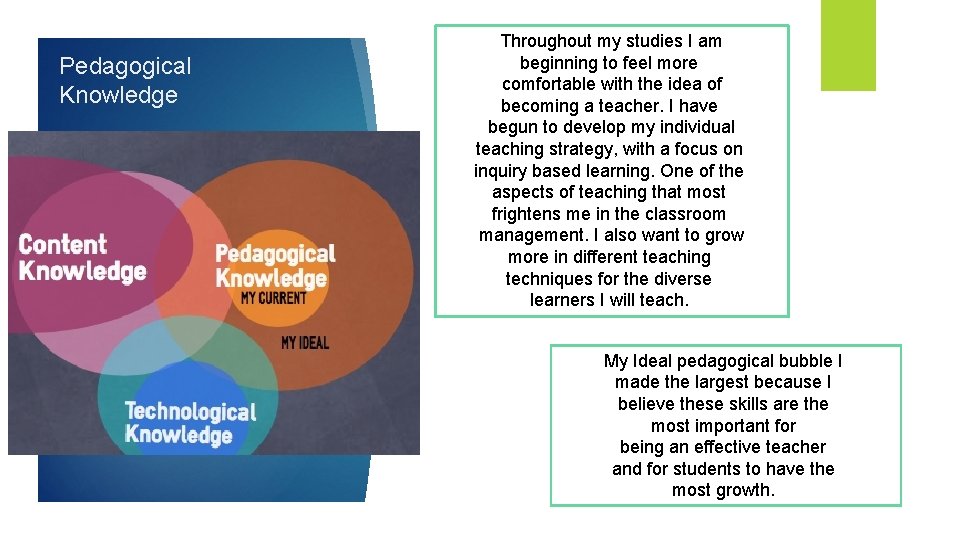 Pedagogical Knowledge Throughout my studies I am beginning to feel more comfortable with the
