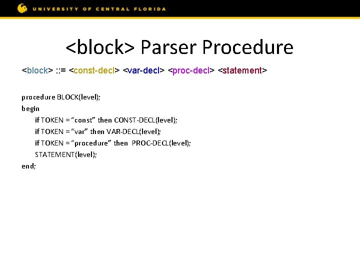 <block> Parser Procedure <block> : : = <const-decl> <var-decl> <proc-decl> <statement> procedure BLOCK(level); begin