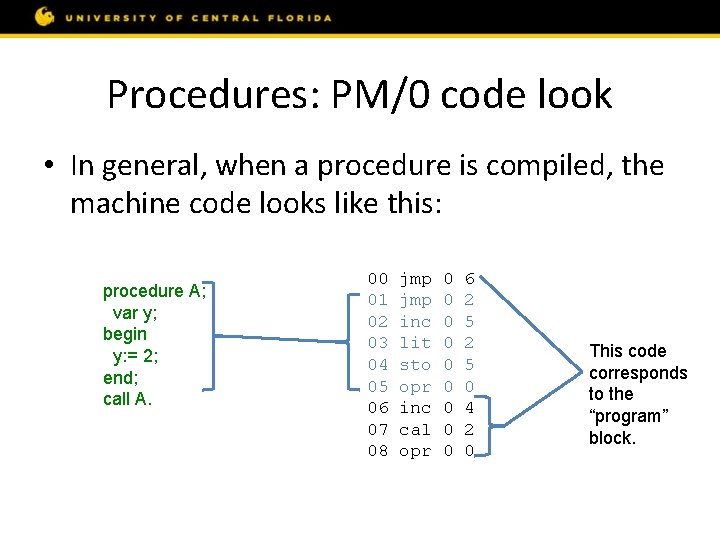 Procedures: PM/0 code look • In general, when a procedure is compiled, the machine