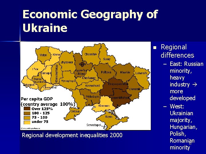 Economic Geography of Ukraine n Regional development inequalities 2000 Regional differences – East: Russian