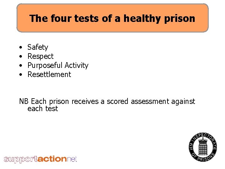 The four tests of a healthy prison • • Safety Respect Purposeful Activity Resettlement