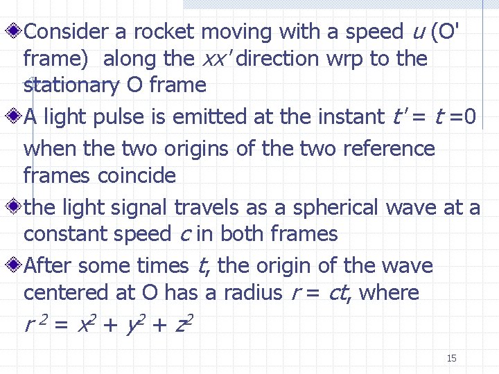 Consider a rocket moving with a speed u (O' frame) along the xx' direction