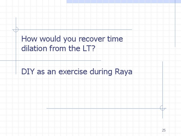 How would you recover time dilation from the LT? DIY as an exercise during