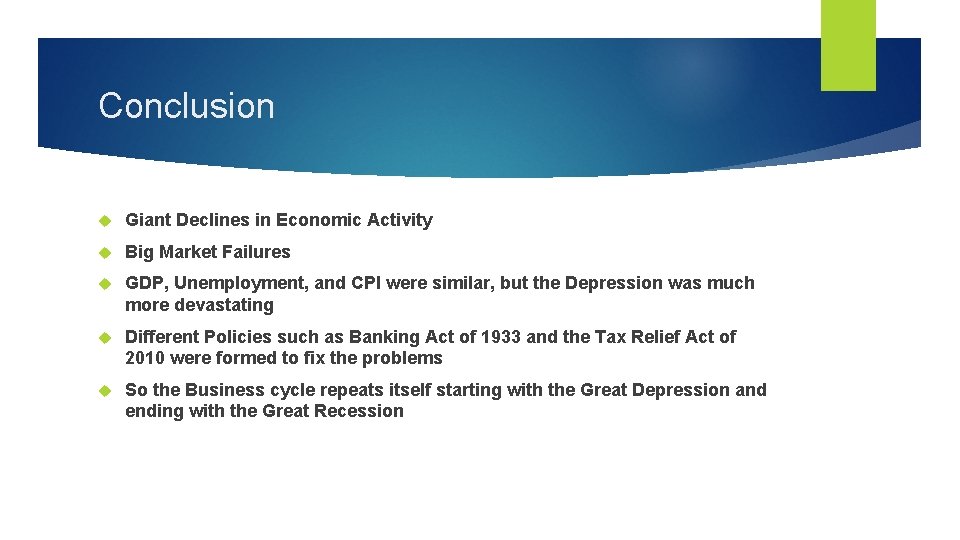 Conclusion Giant Declines in Economic Activity Big Market Failures GDP, Unemployment, and CPI were