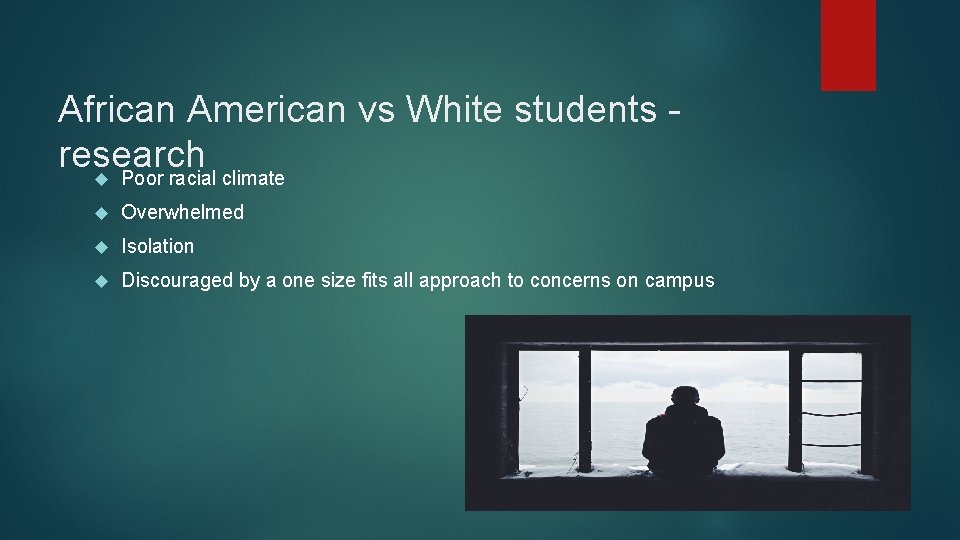 African American vs White students research Poor racial climate Overwhelmed Isolation Discouraged by a