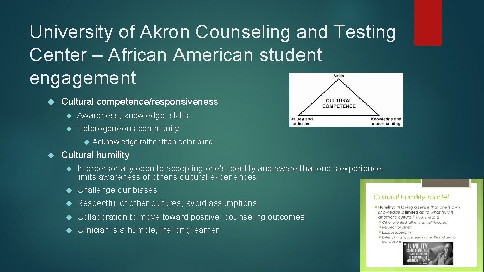 University of Akron Counseling and Testing Center – African American student engagement Cultural competence/responsiveness