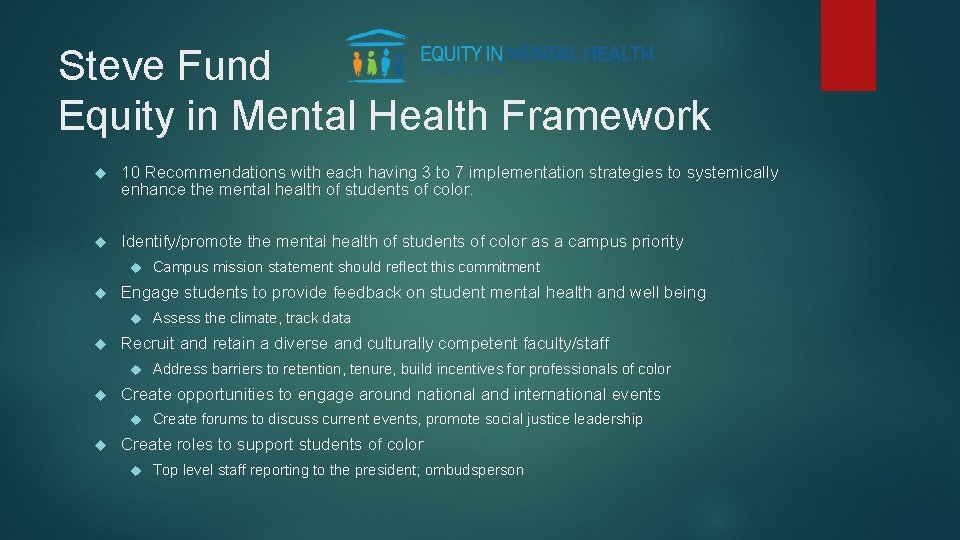 Steve Fund Equity in Mental Health Framework 10 Recommendations with each having 3 to