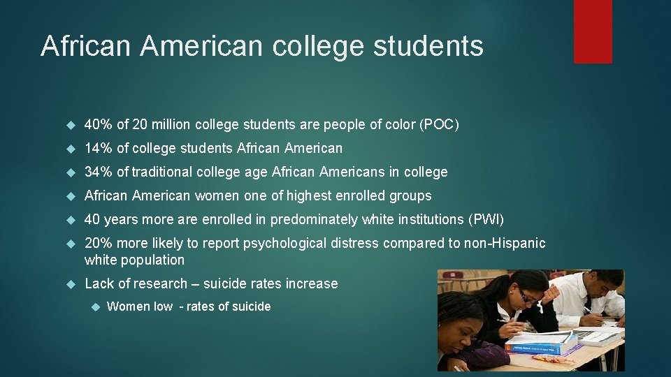 African American college students 40% of 20 million college students are people of color