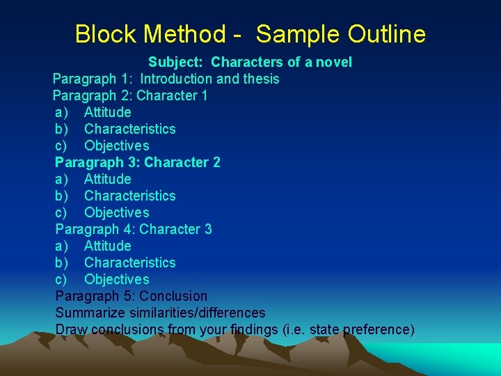 Block Method - Sample Outline Subject: Characters of a novel Paragraph 1: Introduction and