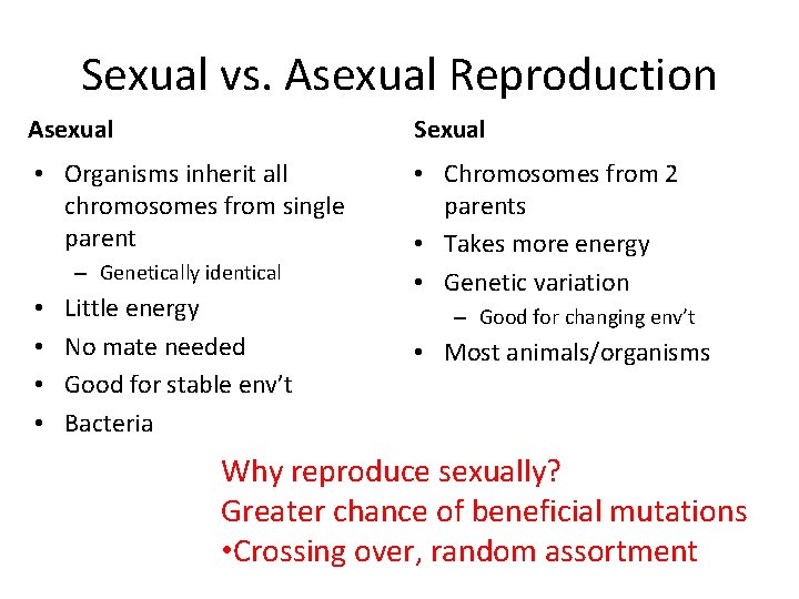 Sexual vs. Asexual Reproduction Asexual Sexual • Organisms inherit all chromosomes from single parent