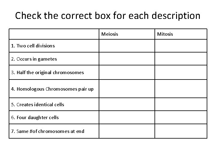 Check the correct box for each description Meiosis 1. Two cell divisions 2. Occurs