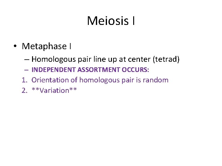 Meiosis I • Metaphase I – Homologous pair line up at center (tetrad) –