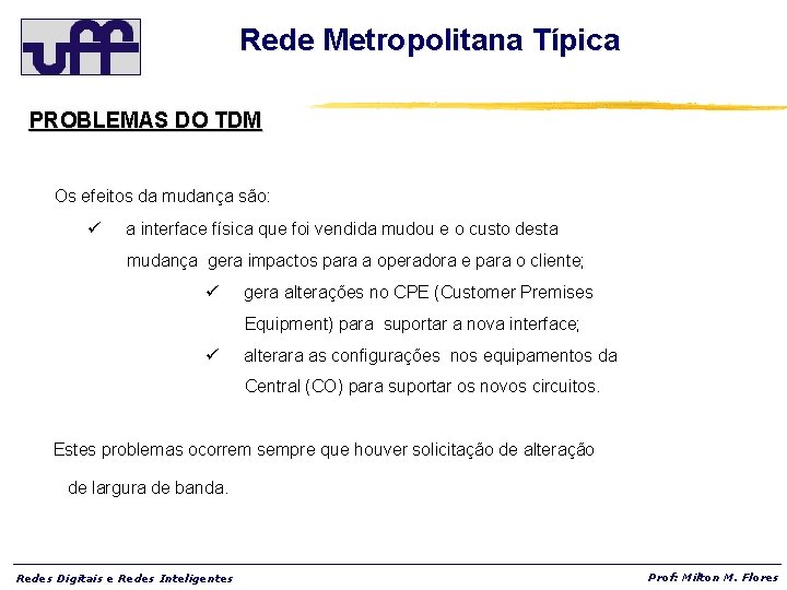 Rede Metropolitana Típica PROBLEMAS DO TDM Os efeitos da mudança são: ü a interface