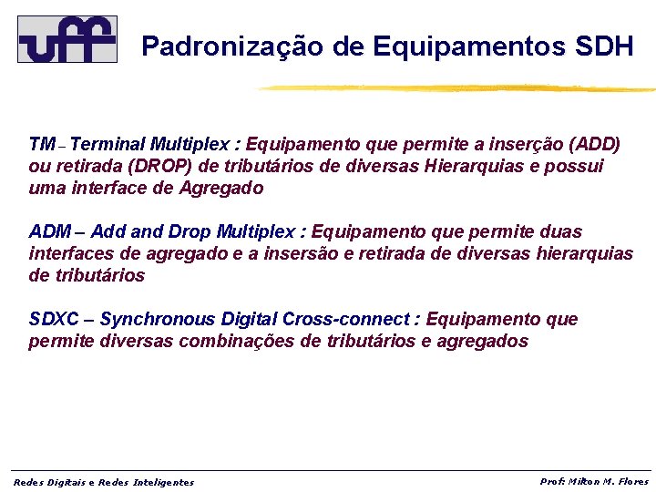 Padronização de Equipamentos SDH TM – Terminal Multiplex : Equipamento que permite a inserção