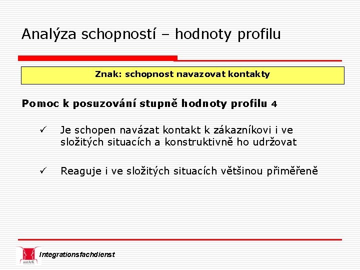 Analýza schopností – hodnoty profilu Znak: schopnost navazovat kontakty Pomoc k posuzování stupně hodnoty