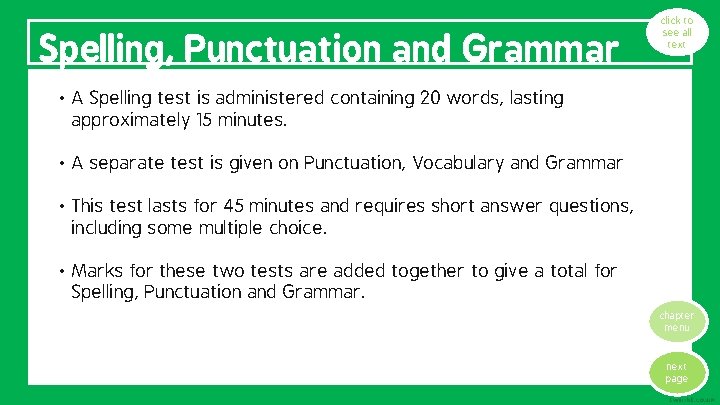 Spelling, Punctuation and Grammar click to see all text administered containing 20 words, lasting
