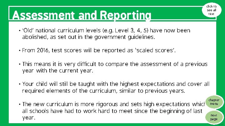 Assessment and Reporting click to see all text • ‘Old’ national curriculum levels (e.