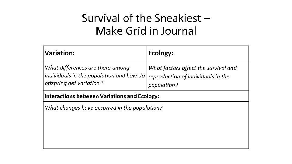 Survival of the Sneakiest – Make Grid in Journal Variation: Ecology: What differences are