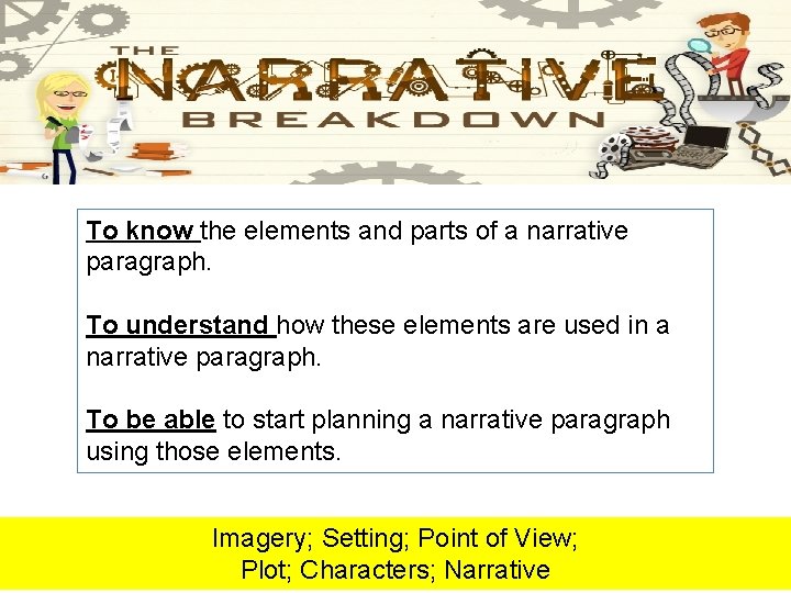 To know the elements and parts of a narrative paragraph. To understand how these