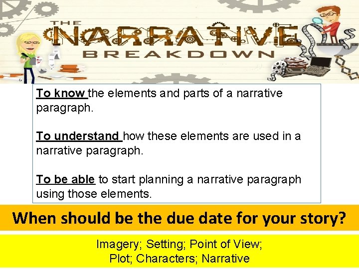 To know the elements and parts of a narrative paragraph. To understand how these